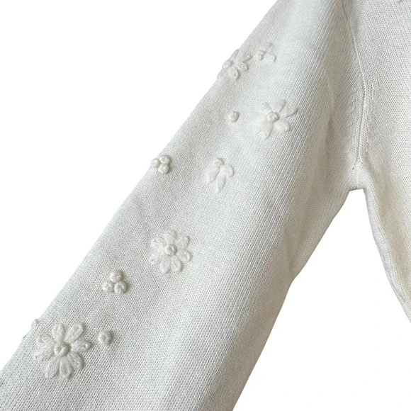 Liz‎ Claiborne Collection Cream Merino Wool Sweater Beaded Floral Embroidered M - Picture 4 of 10